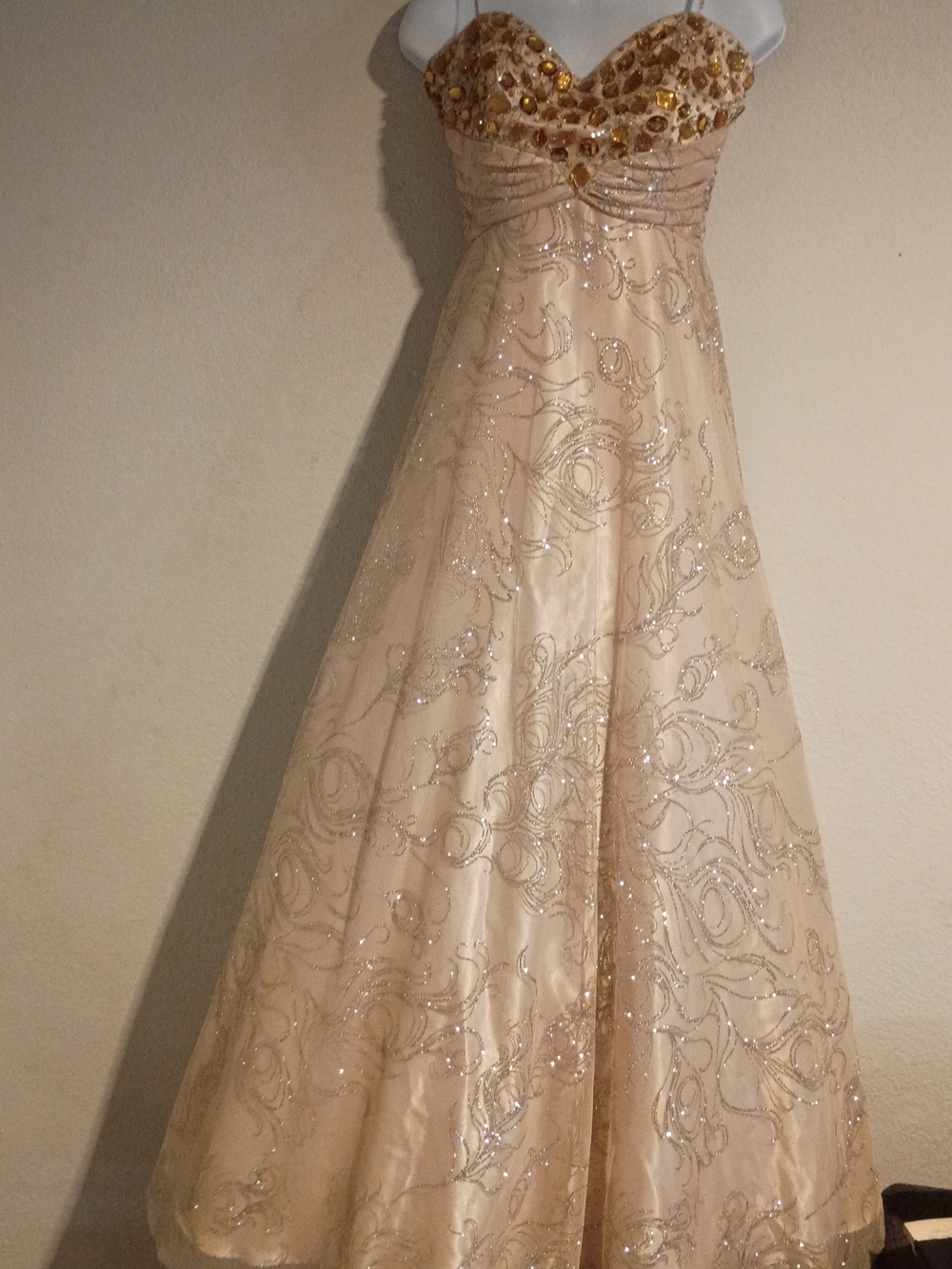 Masquerade Strapless Champagne Sequin Gown with Gold Accents